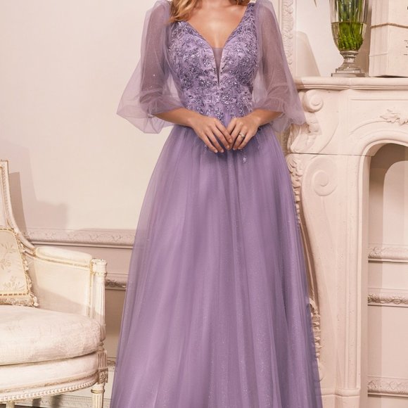 ENGLISH VIOLET PROM PARTY PUFFY SLEEVES A-LINE GLITTER TULLE A-LINE DRESS cd0182 - Picture 8 of 8